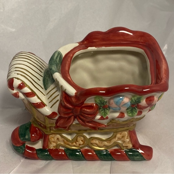 90s Fitz And Floyd Christmas Sleigh Figurine candy sugar bowl 1995 vintage used - Picture 2 of 16